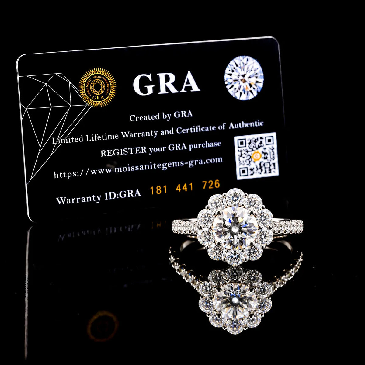Round Cut Floral Halo GRA Certified Moissanite Ring in Rhodium Plated 925 Sterling Silver – 1.56 Carat