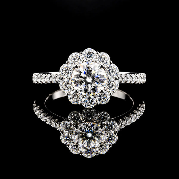 Round Cut Floral Halo GRA Certified Moissanite Ring in Rhodium Plated 925 Sterling Silver – 1.56 Carat