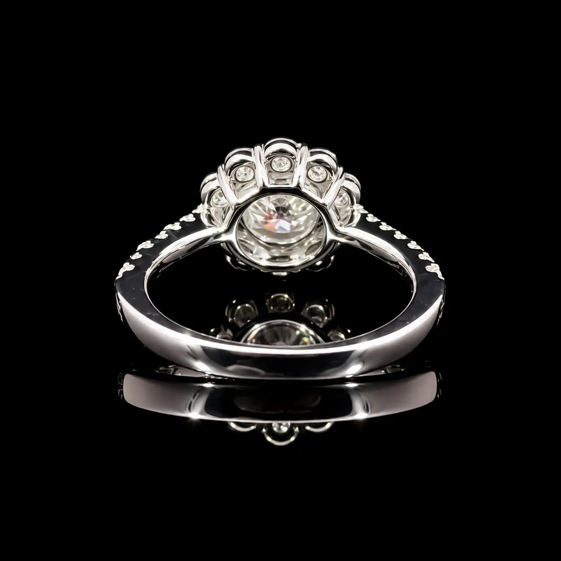 Round Cut Floral Halo GRA Certified Moissanite Ring in Rhodium Plated 925 Sterling Silver – 1.56 Carat