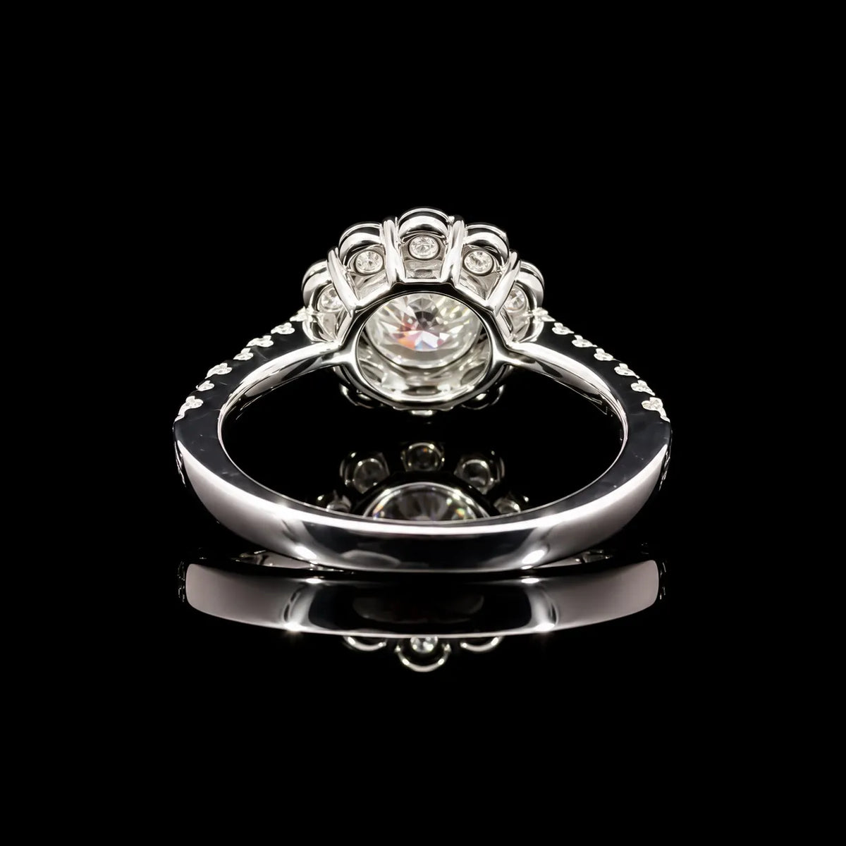 Round Cut Floral Halo GRA Certified Moissanite Ring in Rhodium Plated 925 Sterling Silver – 1.56 Carat