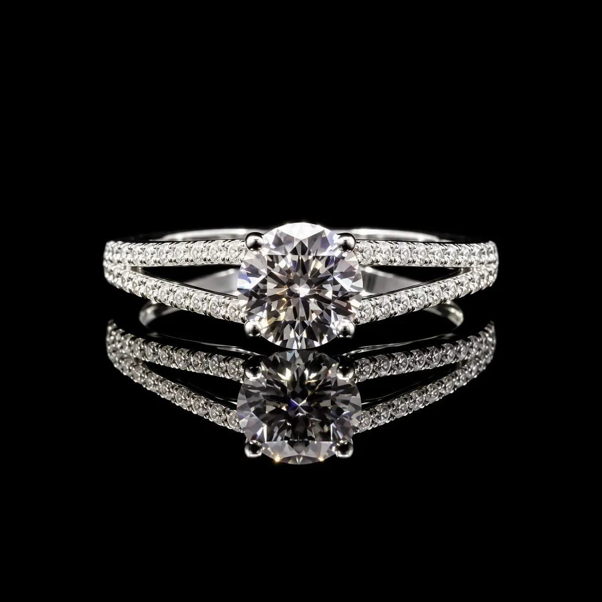 Round Cut Double Row Split GRA Certified Moissanite Ring in Rhodium Plated 925 Sterling Silver – 1.02 Carat