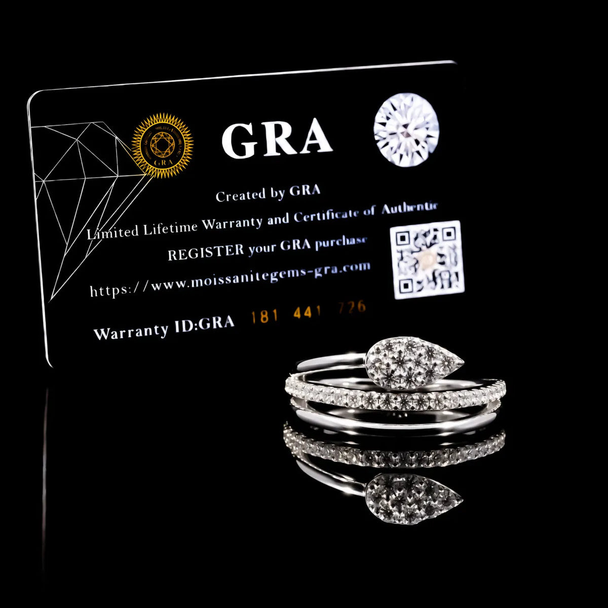 Round Cut Pear Motif GRA Certified Moissanite Ring in Rhodium Plated 925 Sterling Silver – 0.29 Carat