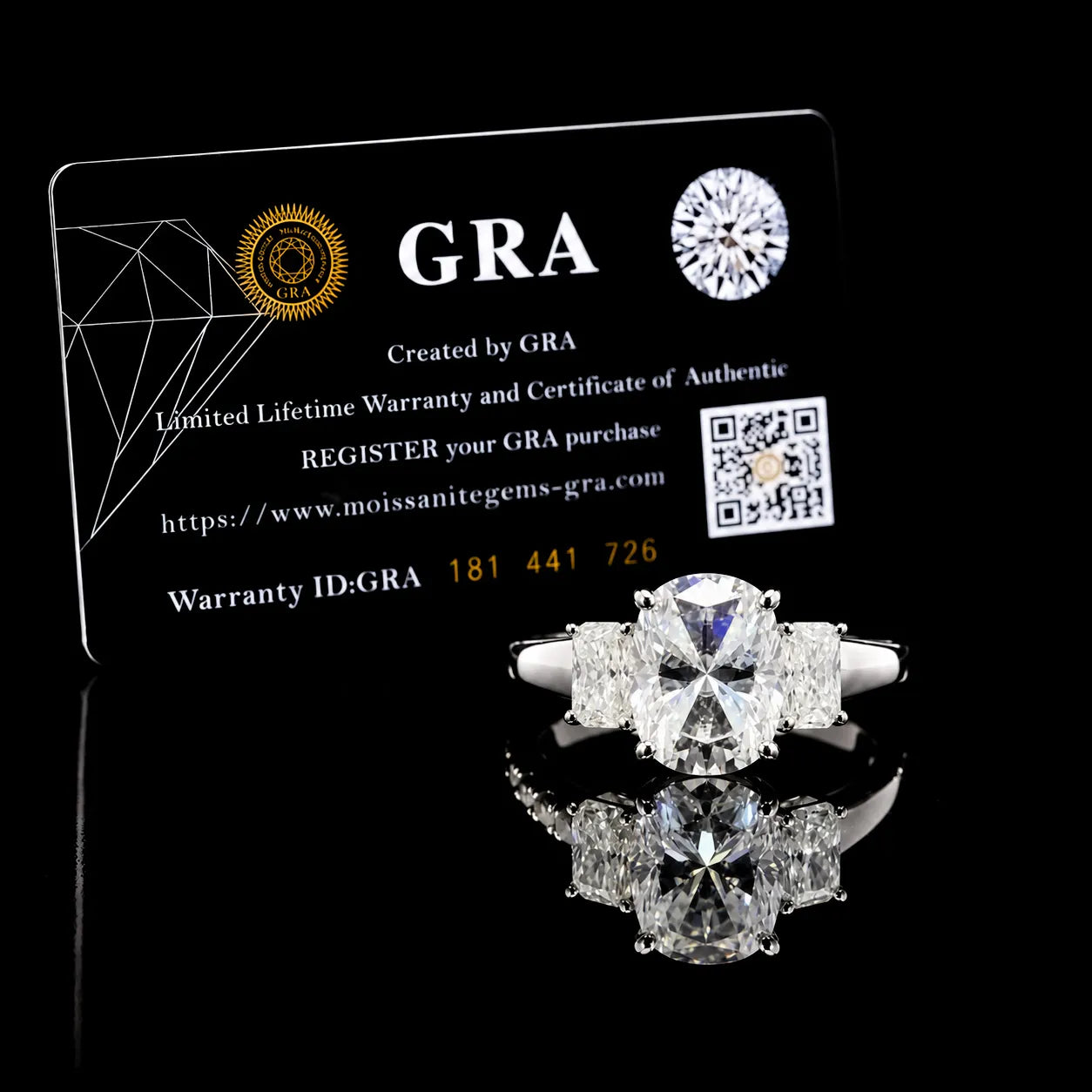 Oval Cut Three Stone GRA Certified Moissanite Ring in Rhodium Plated 925 Sterling Silver – 2.44 Carat
