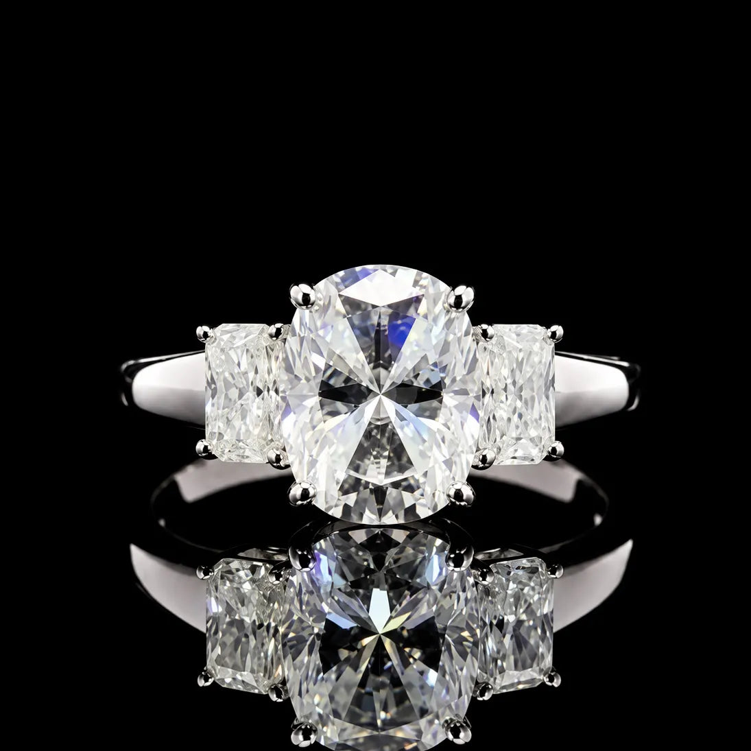Oval Cut Three Stone GRA Certified Moissanite Ring in Rhodium Plated 925 Sterling Silver – 2.44 Carat