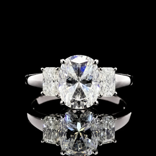 Oval Cut Three Stone GRA Certified Moissanite Ring in Rhodium Plated 925 Sterling Silver – 2.44 Carat