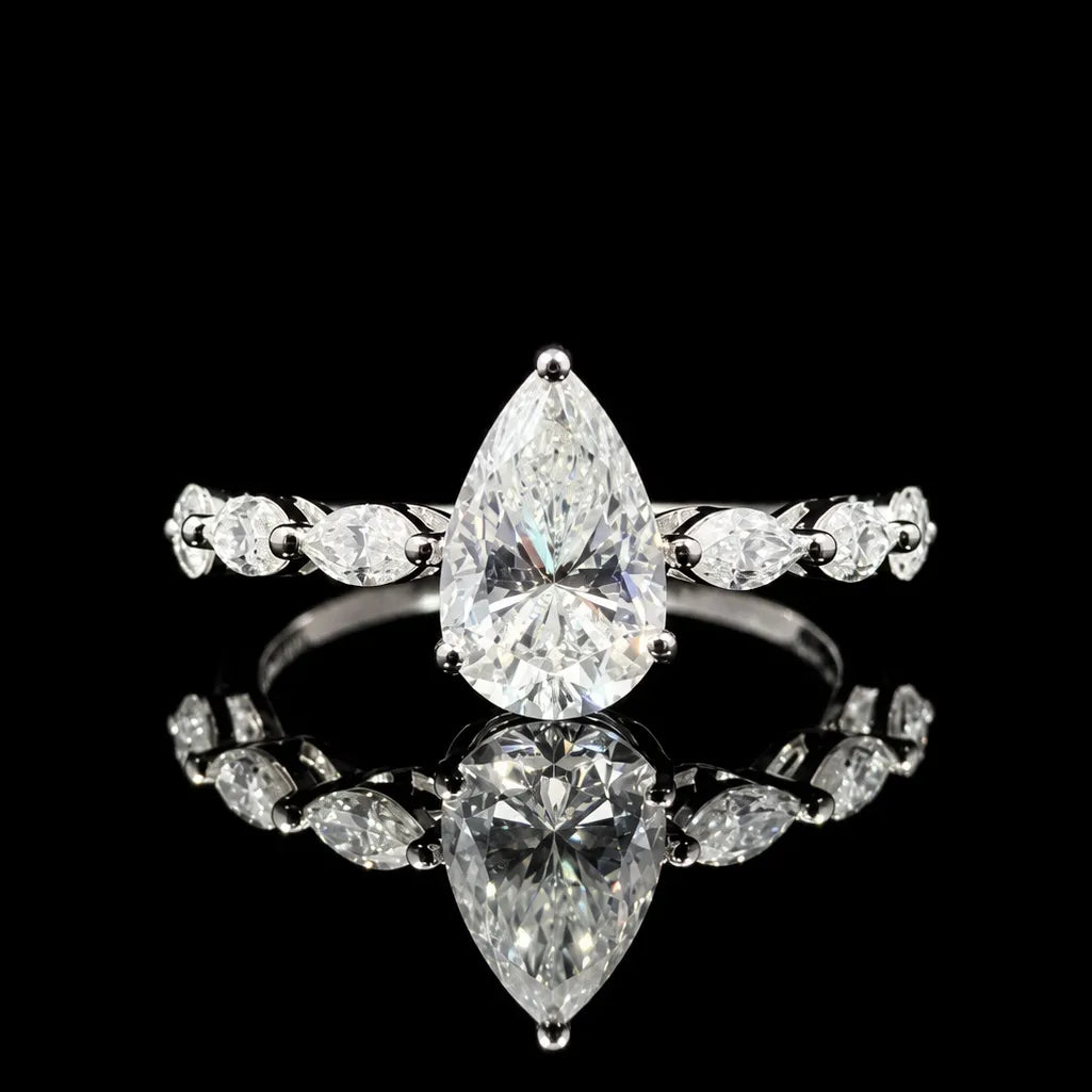 Pear Cut Marquise Accent GRA Certified Moissanite Ring in Rhodium Plated 925 Sterling Silver – 2.82 Carat