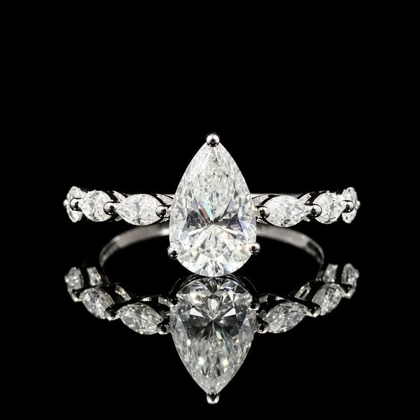 Pear Cut Marquise Accent GRA Certified Moissanite Ring in Rhodium Plated 925 Sterling Silver – 2.82 Carat