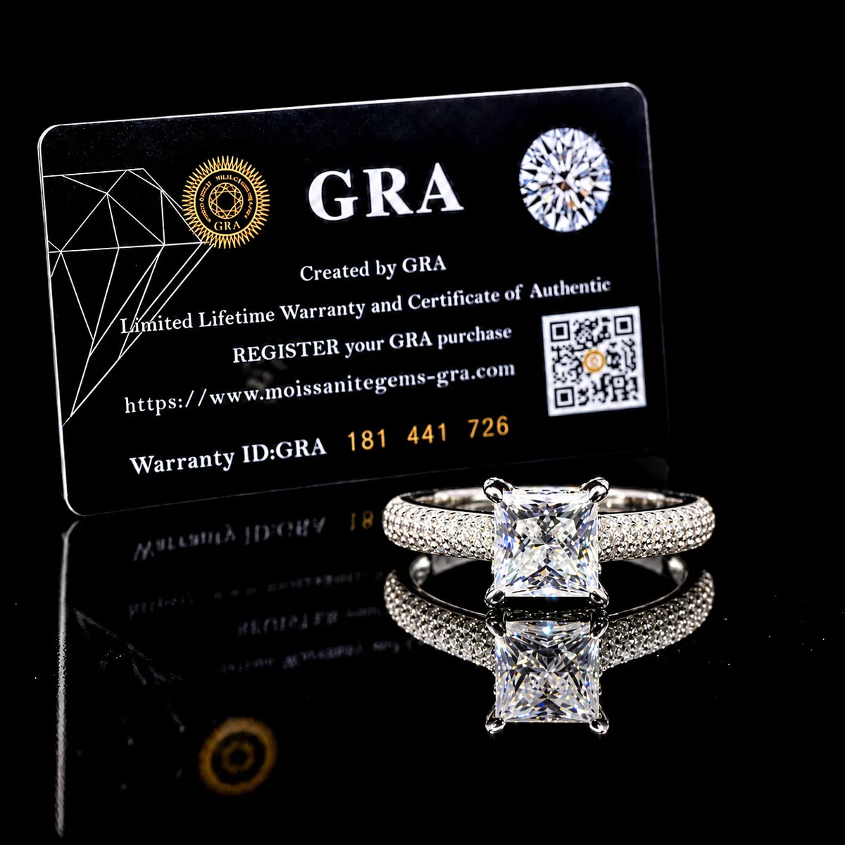 Princess Cut Pave GRA Certified Moissanite Ring in Rhodium Plated 925 Sterling Silver – 1.75 Carat