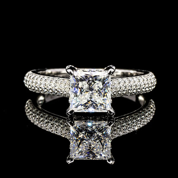 Princess Cut Pave GRA Certified Moissanite Ring in Rhodium Plated 925 Sterling Silver – 1.75 Carat