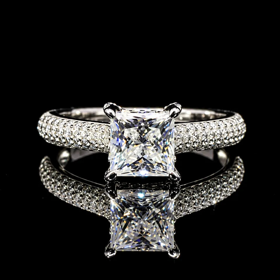 Princess Cut Pave GRA Certified Moissanite Ring in Rhodium Plated 925 Sterling Silver – 1.75 Carat