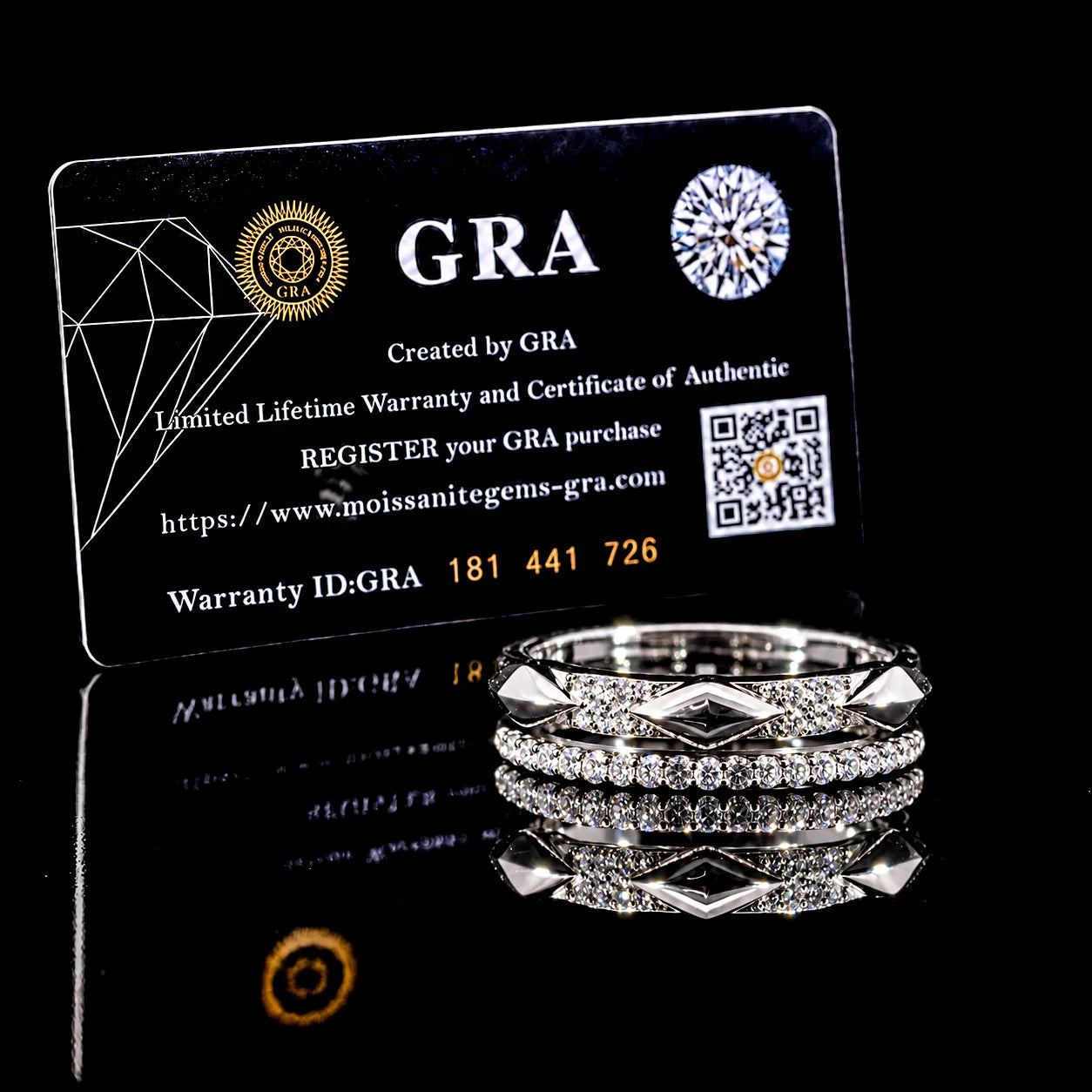 Round Cut Geometric Dual Band GRA Certified Moissanite Ring in Rhodium Plated 925 Sterling Silver – 0.26 Carat