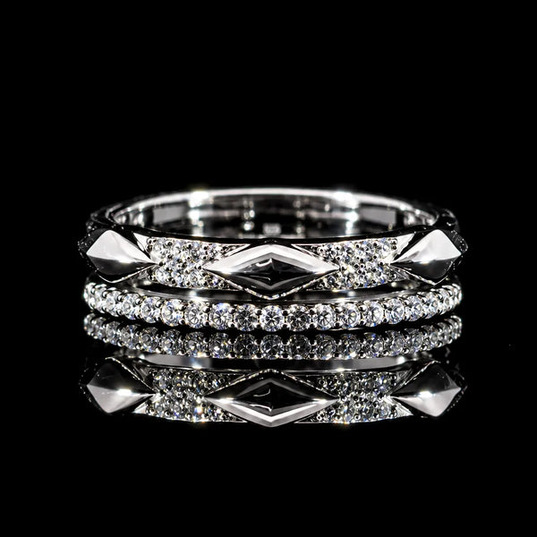 Round Cut Geometric Dual Band GRA Certified Moissanite Ring in Rhodium Plated 925 Sterling Silver – 0.26 Carat