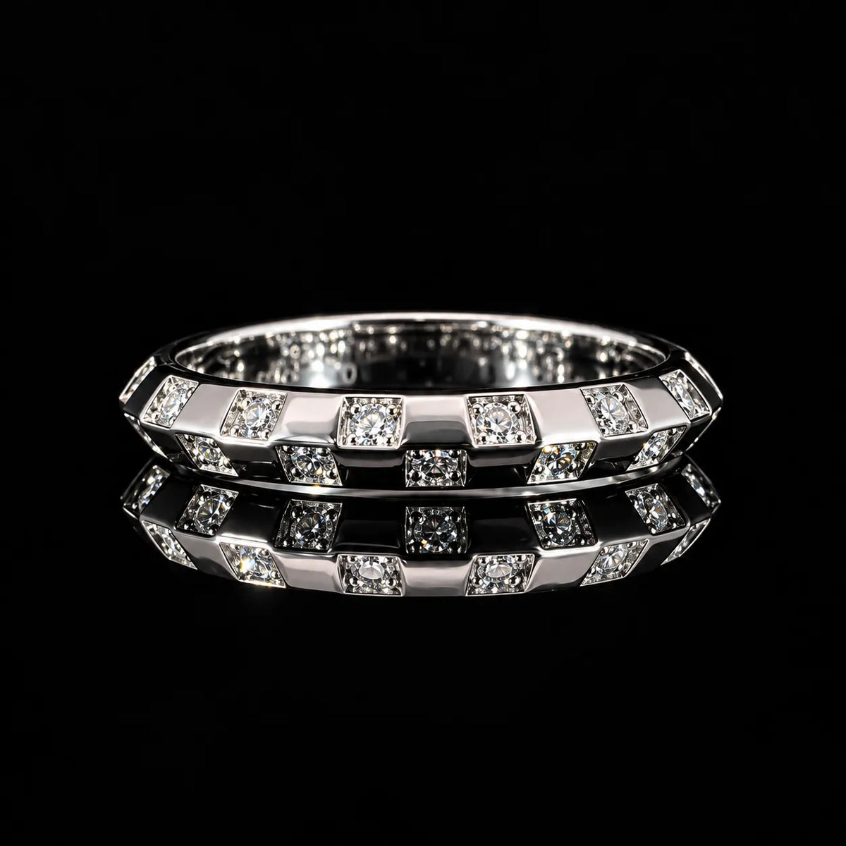 Round Cut Geometric Band GRA Certified Moissanite Ring in Rhodium Plated 925 Sterling Silver – 0.24 Carat