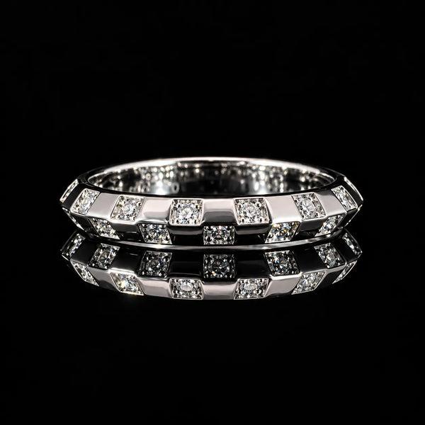 Round Cut Geometric Band GRA Certified Moissanite Ring in Rhodium Plated 925 Sterling Silver – 0.24 Carat
