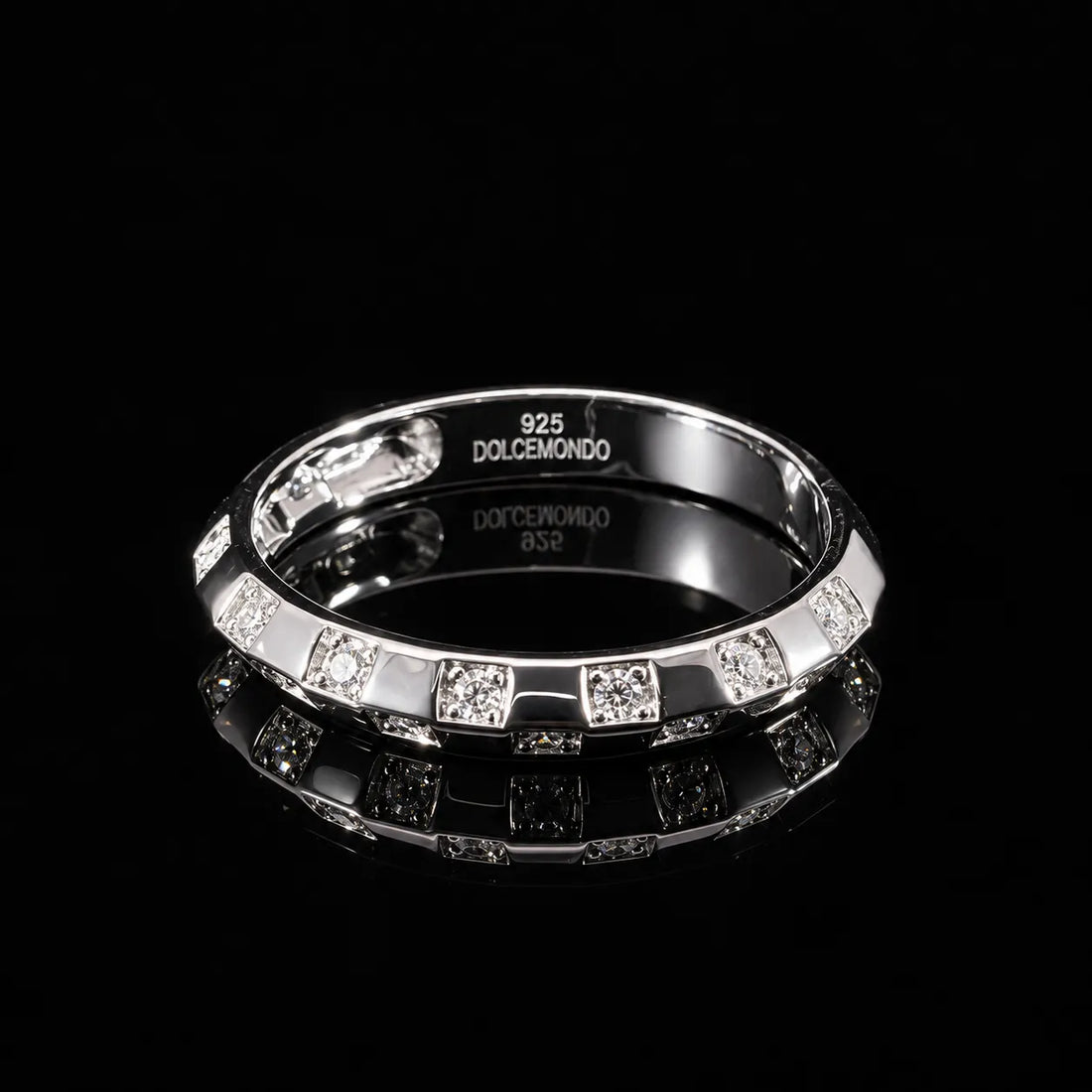 Round Cut Geometric Band GRA Certified Moissanite Ring in Rhodium Plated 925 Sterling Silver – 0.24 Carat
