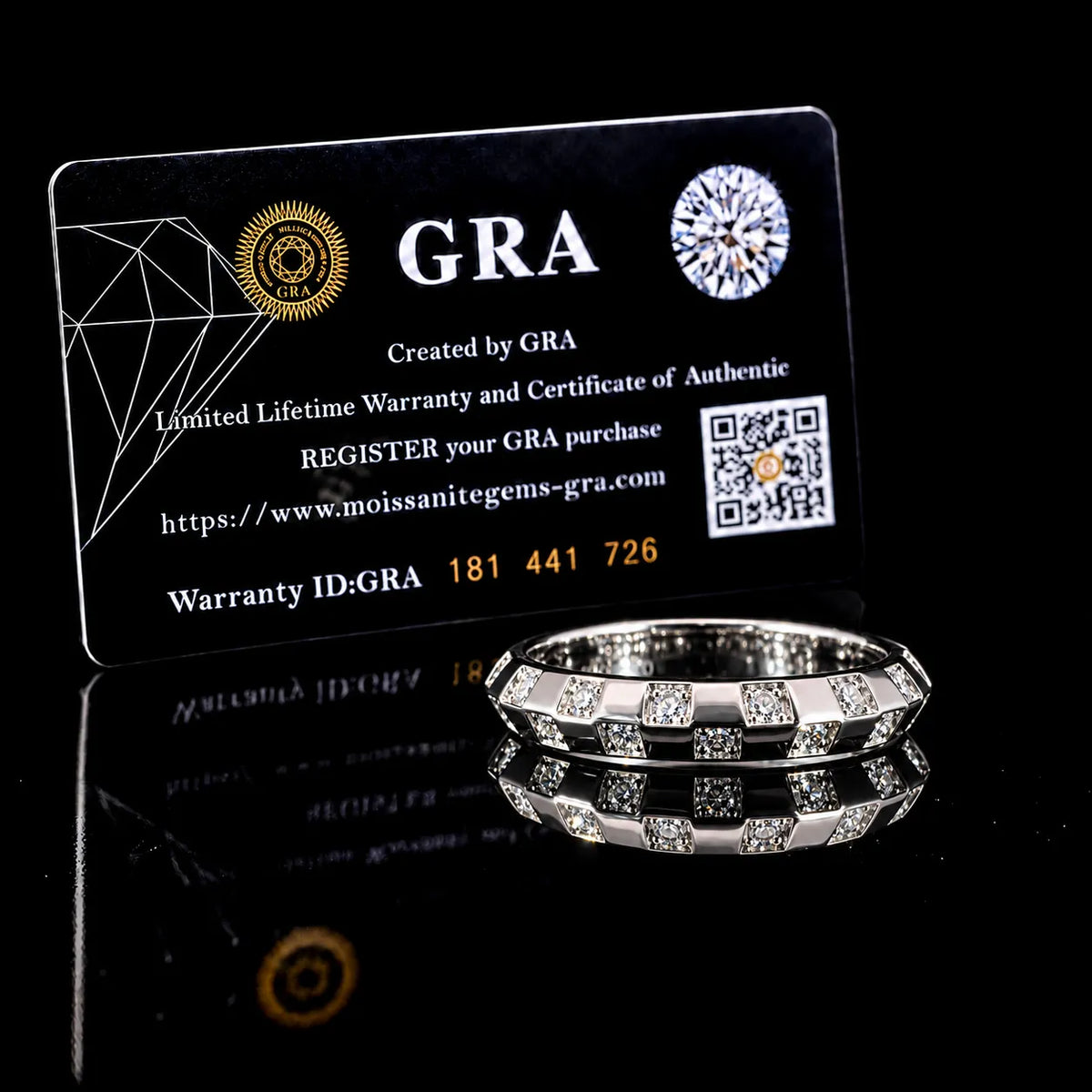 Round Cut Geometric Band GRA Certified Moissanite Ring in Rhodium Plated 925 Sterling Silver – 0.24 Carat