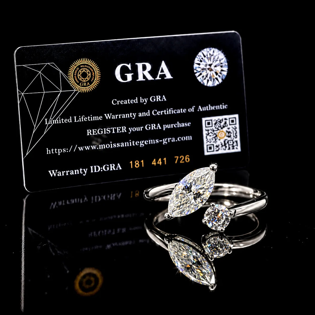 Marquise & Round Cut Open Bypass GRA Certified Moissanite Ring in Rhodium Plated 925 Sterling Silver – 1.19 Carat