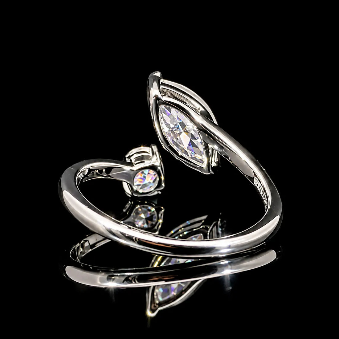 Marquise & Round Cut Open Bypass GRA Certified Moissanite Ring in Rhodium Plated 925 Sterling Silver – 1.19 Carat
