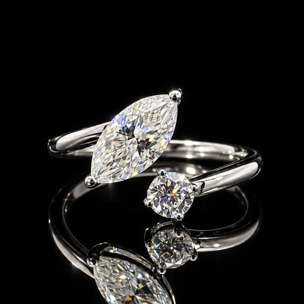 Marquise & Round Cut Open Bypass GRA Certified Moissanite Ring in Rhodium Plated 925 Sterling Silver – 1.19 Carat
