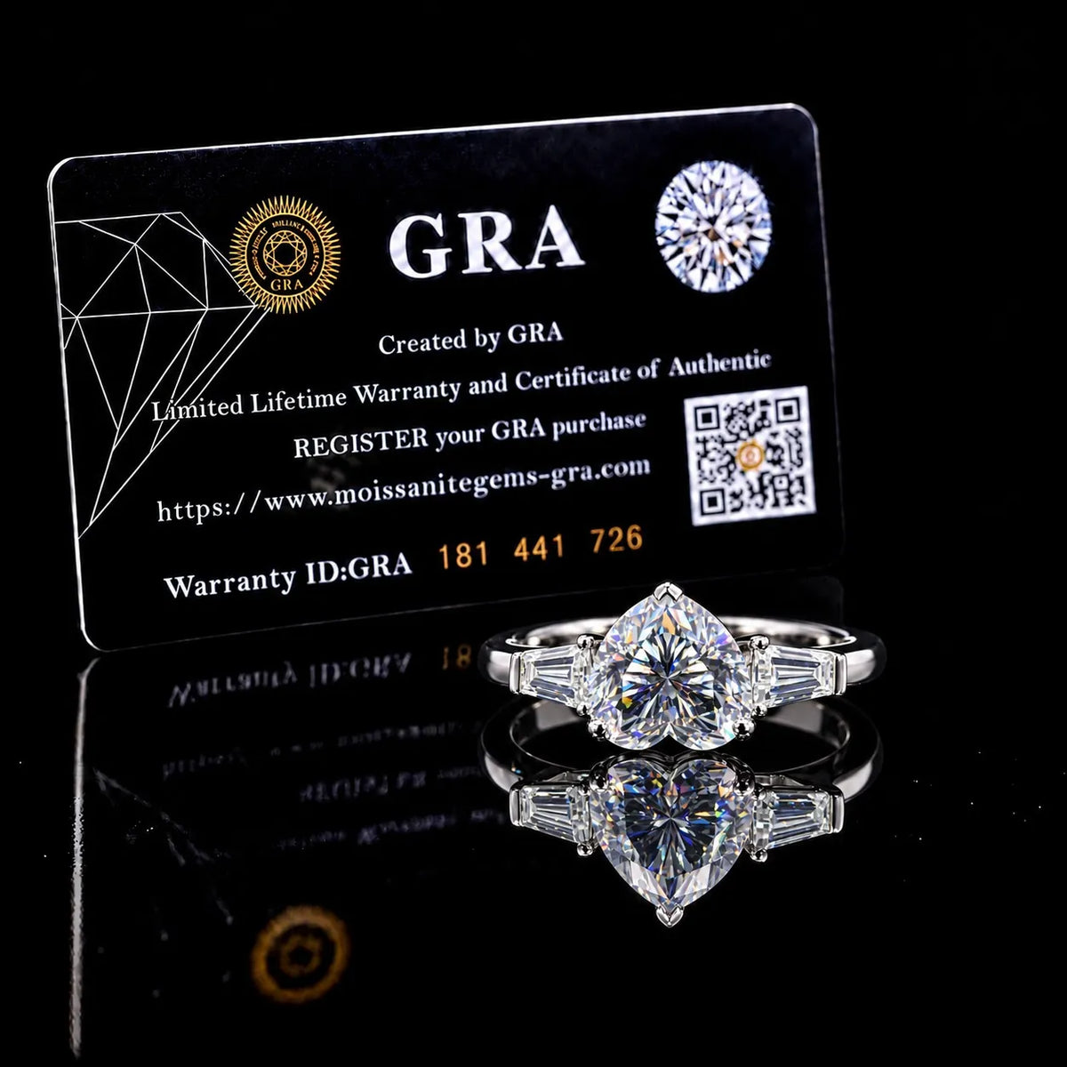 Heart Cut Three-Stone GRA Certified Moissanite Ring in Rhodium Plated 925 Sterling Silver – 2.29 Carat