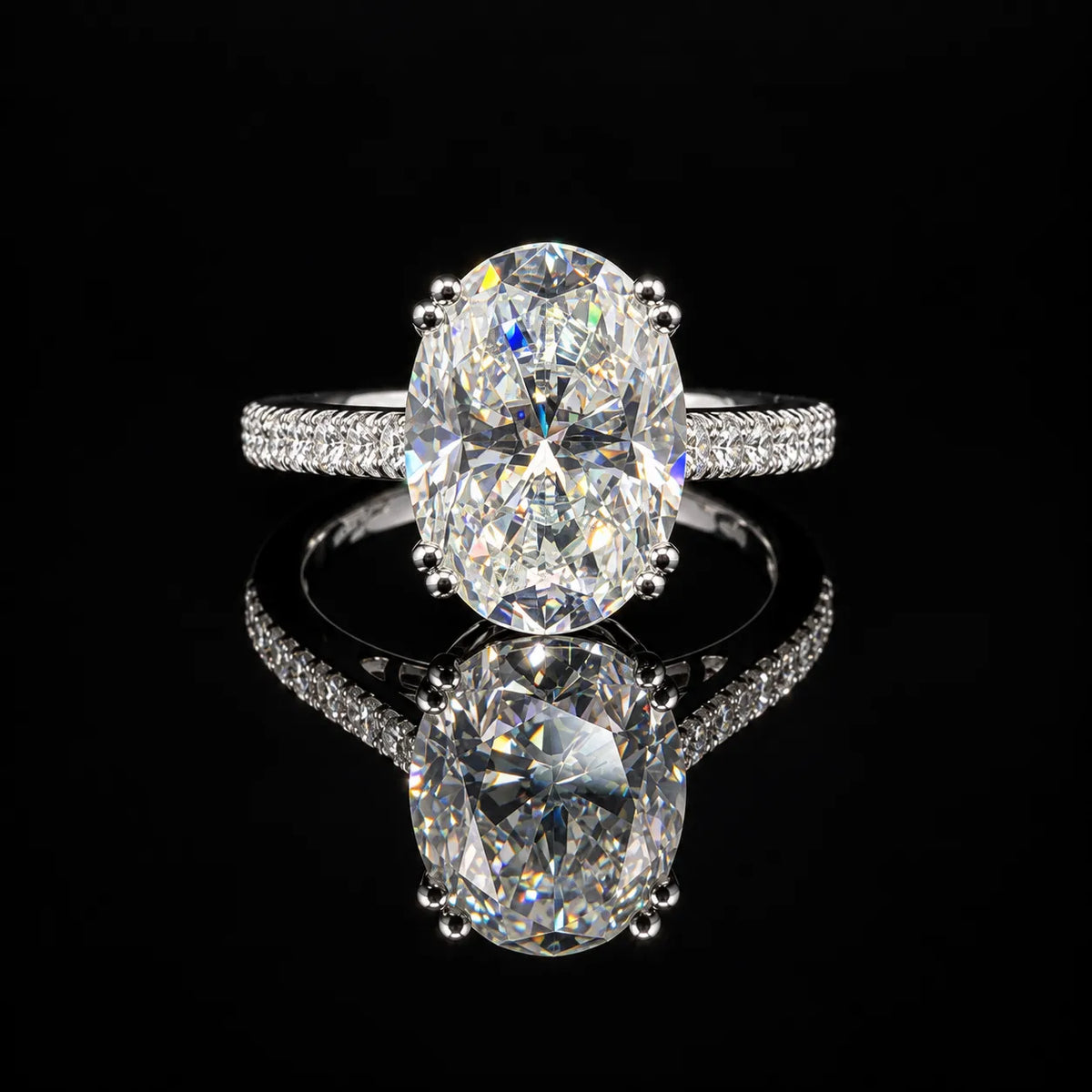 Oval Cut Classic Solitaire GRA Certified Moissanite Engagement Ring in Rhodium Plated 925 Sterling Silver – 6.35 Carat