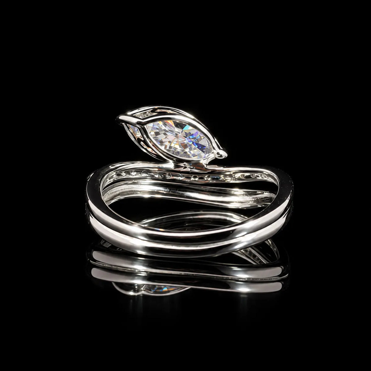 Marquise Cut Bypass GRA Certified Moissanite Ring in Rhodium Plated 925 Sterling Silver – 1.89 Carat