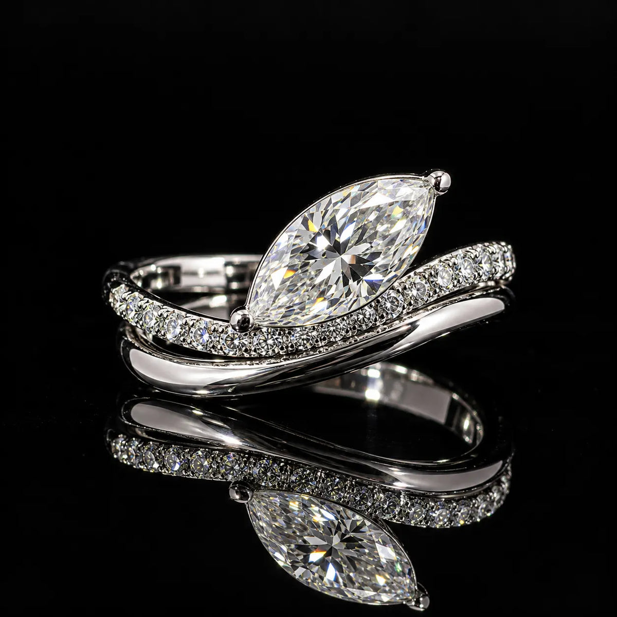 Marquise Cut Bypass GRA Certified Moissanite Ring in Rhodium Plated 925 Sterling Silver – 1.89 Carat