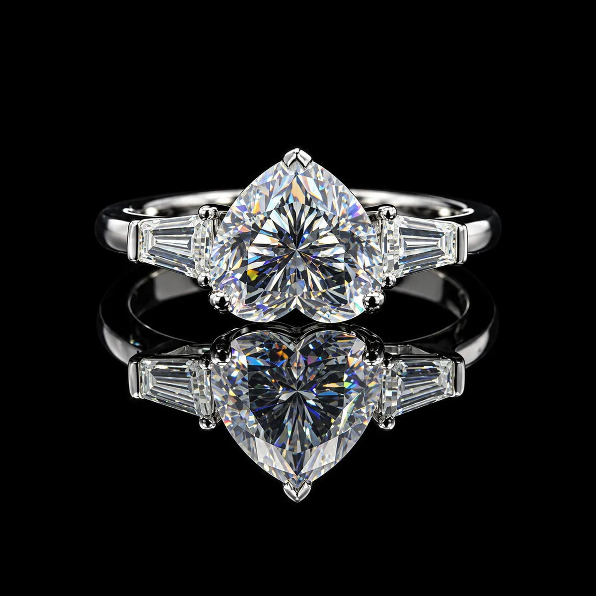 Heart Cut Three-Stone GRA Certified Moissanite Ring in Rhodium Plated 925 Sterling Silver – 2.29 Carat