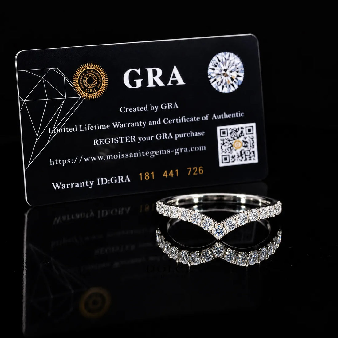 Round Cut Chevron Pave GRA Certified Moissanite Ring in Rhodium Plated 925 Sterling Silver – 0.49 Carat