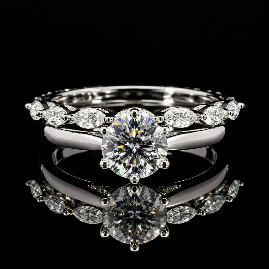 Round Cut Dual Ring Set GRA Certified Moissanite Ring in Rhodium Plated 925 Sterling Silver – 1.48 Carat
