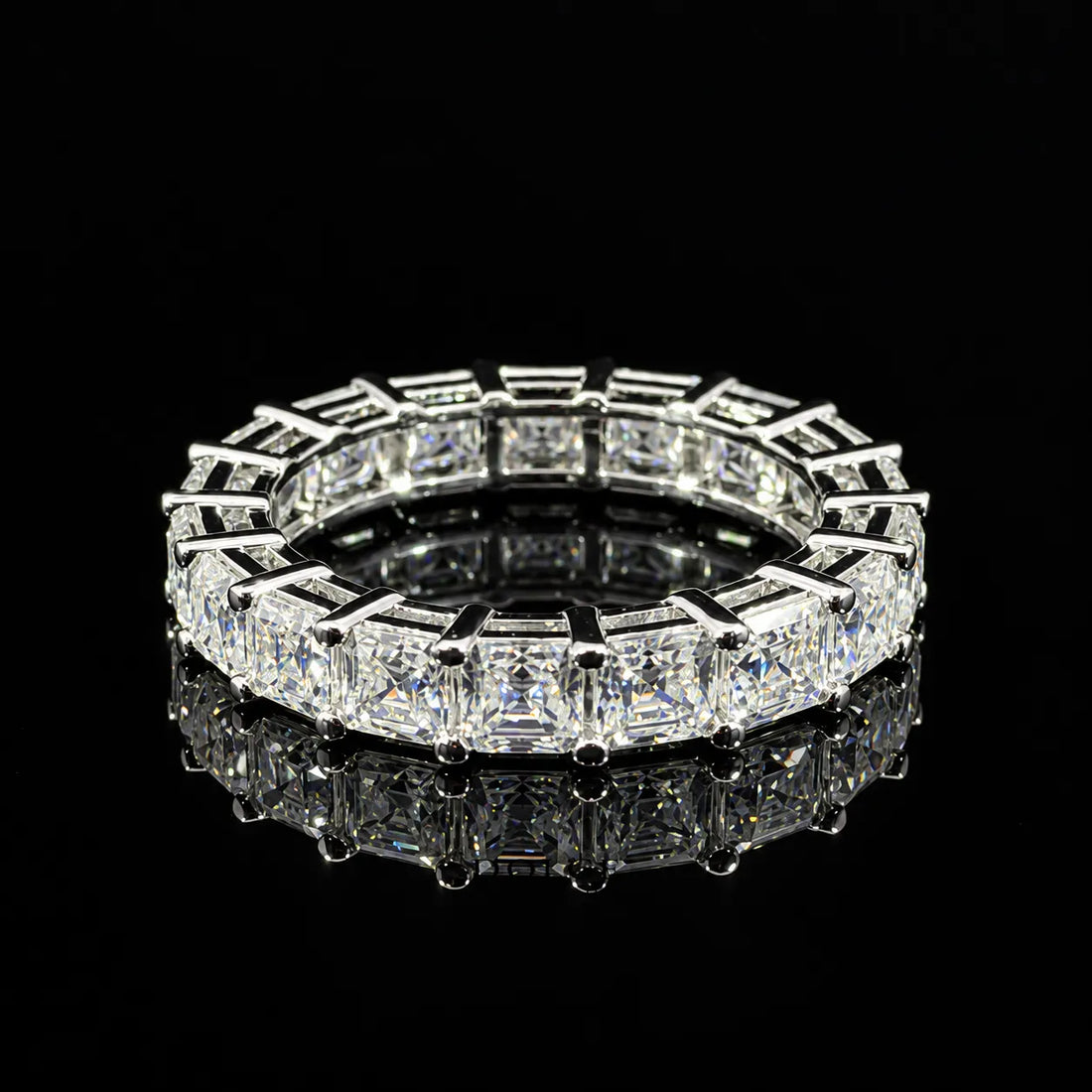 Asscher Cut Eternity Band GRA Certified Moissanite Ring in Rhodium Plated 925 Sterling Silver – 4.29 Carat