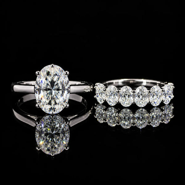 Oval Cut Dual Ring Set GRA Certified Moissanite Ring in Rhodium Plated 925 Sterling Silver – 3.19 Carat