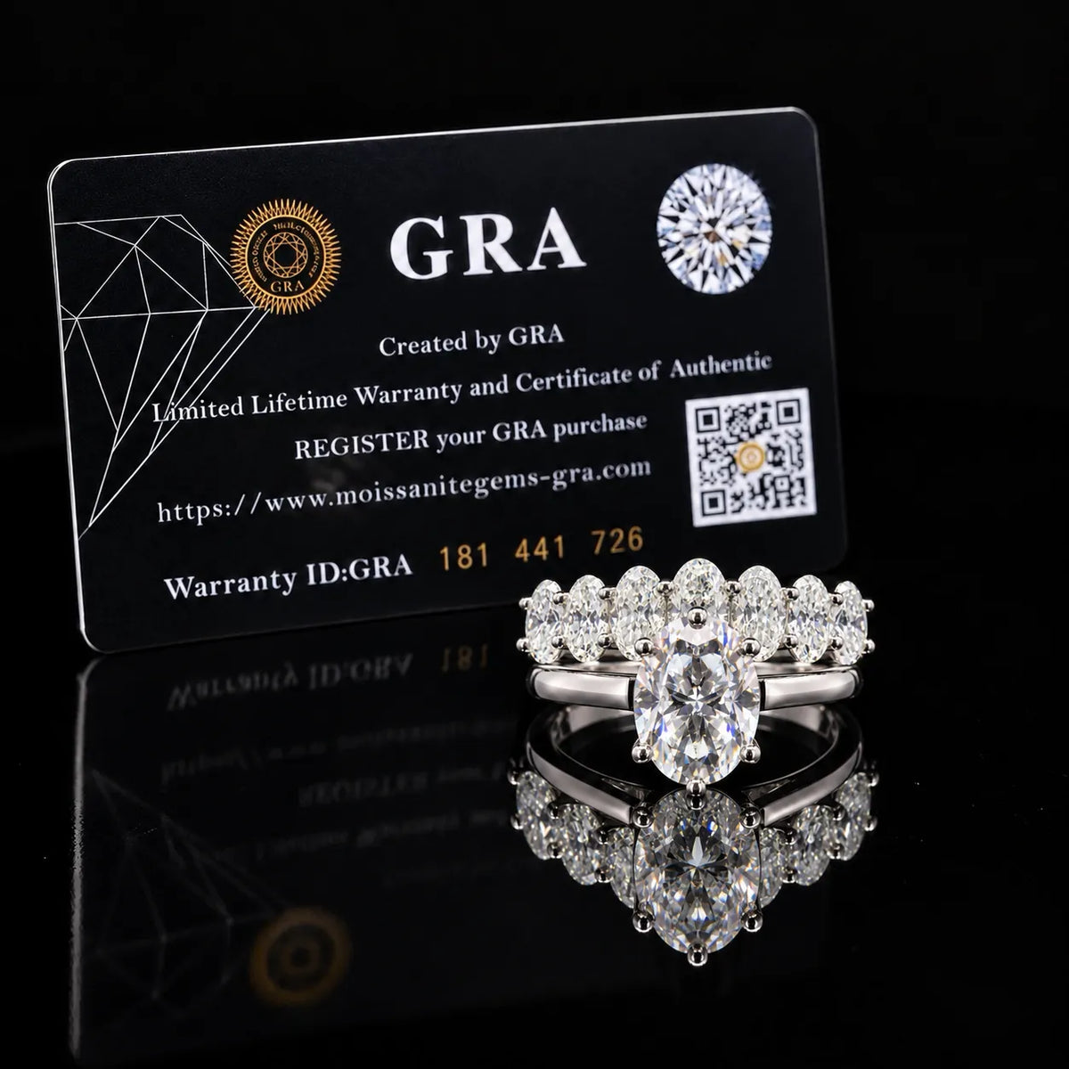 Oval Cut Dual Ring Set GRA Certified Moissanite Ring in Rhodium Plated 925 Sterling Silver – 3.19 Carat