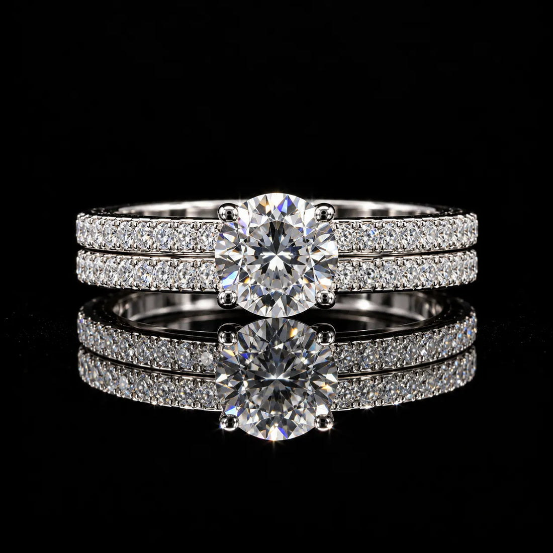 Round Cut Dual Ring Set GRA Certified Moissanite Ring in Rhodium Plated 925 Sterling Silver – 1.22 Carat