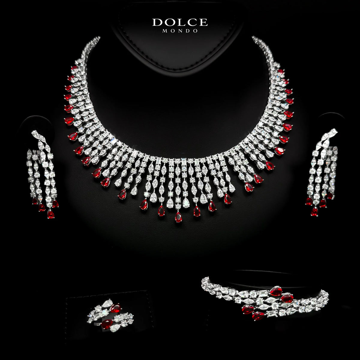 Adelina Majesty Red Luxury Bridal Full Set in High Quality Class Zircon Stone Rhodium Plated
