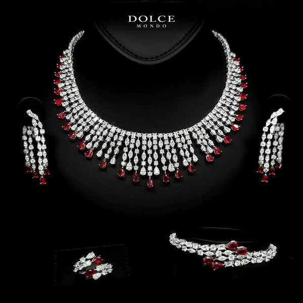 Adelina Majesty Red Luxury Bridal Full Set in High Quality Class Zircon Stone Rhodium Plated