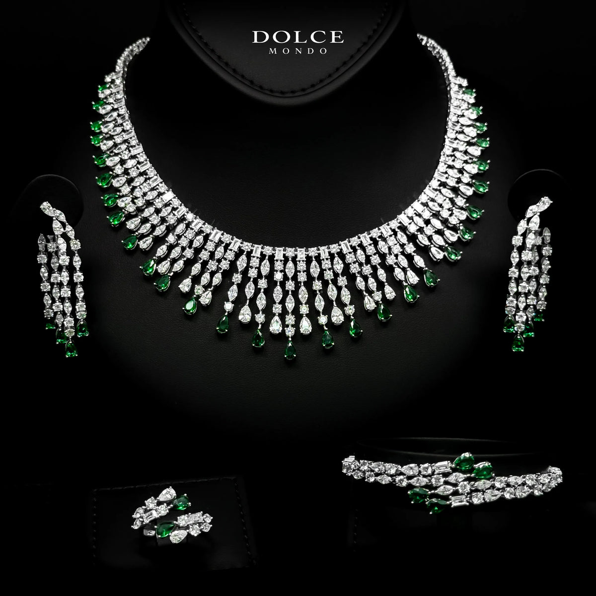 Adelina Majesty Green Luxury Bridal Full Set in High Quality Class Zircon Stone Rhodium Plated