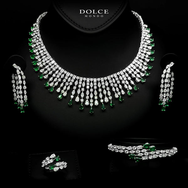 Adelina Majesty Green Luxury Bridal Full Set in High Quality Class Zircon Stone Rhodium Plated