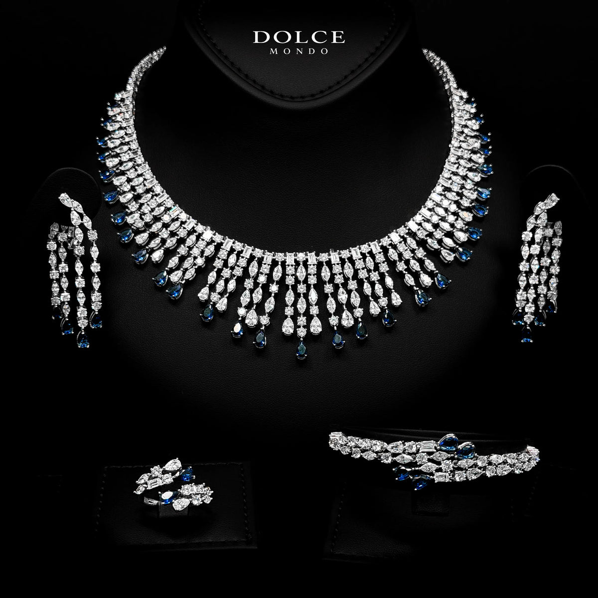 Adelina Majesty Blue Luxury Bridal Full Set in High Quality Class Zircon Stone Rhodium Plated
