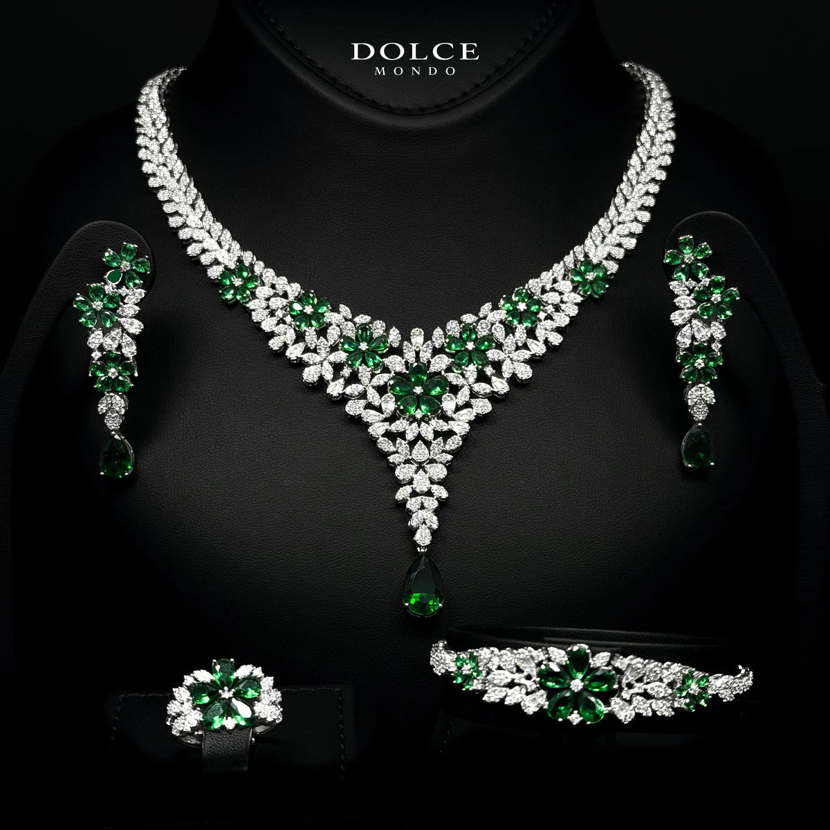 Elena Crown Green Luxury Bridal Full Set in High Quality Class Zircon Stone Rhodium Plated