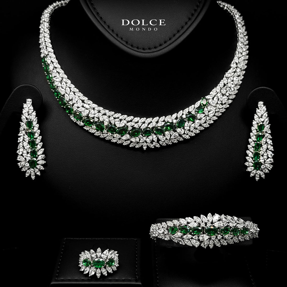 Isabel Green Luxury Bridal Full Set in High Quality Class Zircon Stone Rhodium Plated