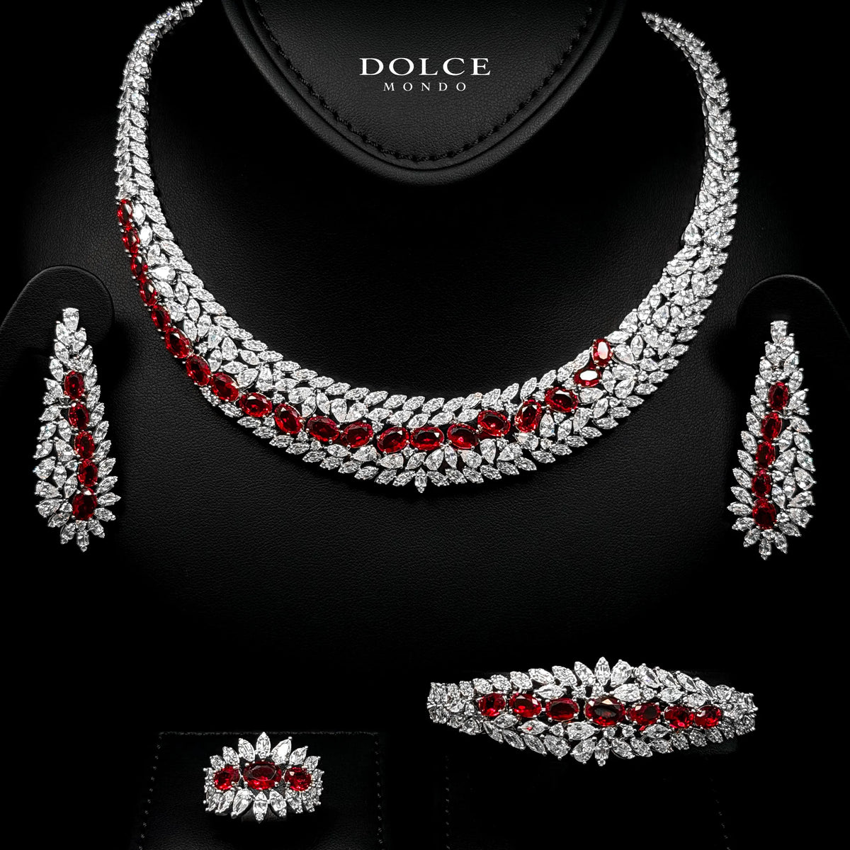 Isabel Red Luxury Bridal Full Set in High Quality Class Zircon Stone Rhodium Plated