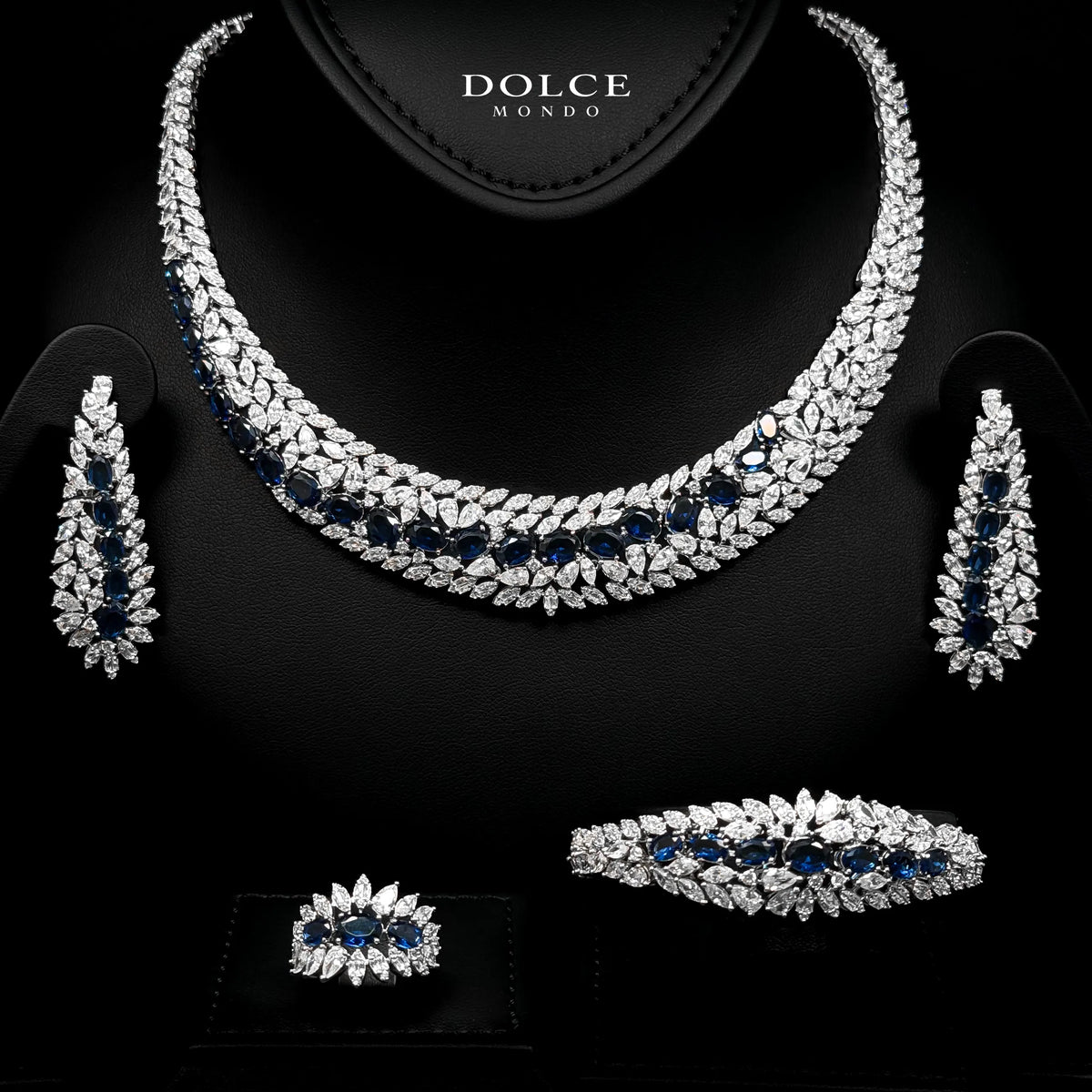 Isabel Blue Luxury Bridal Full Set in High Quality Class Zircon Stone Rhodium Plated