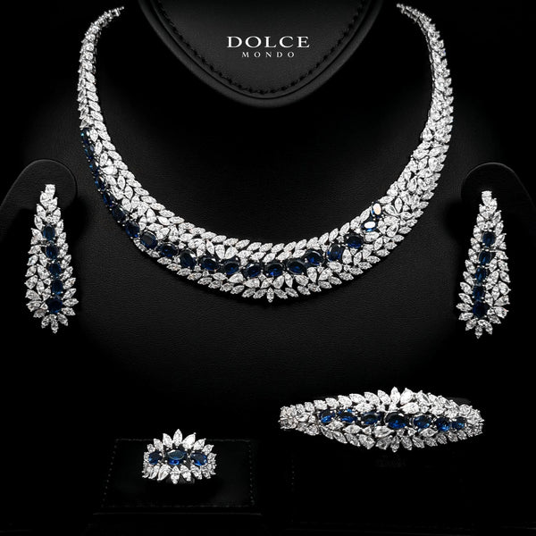 Isabel Blue Luxury Bridal Full Set in High Quality Class Zircon Stone Rhodium Plated