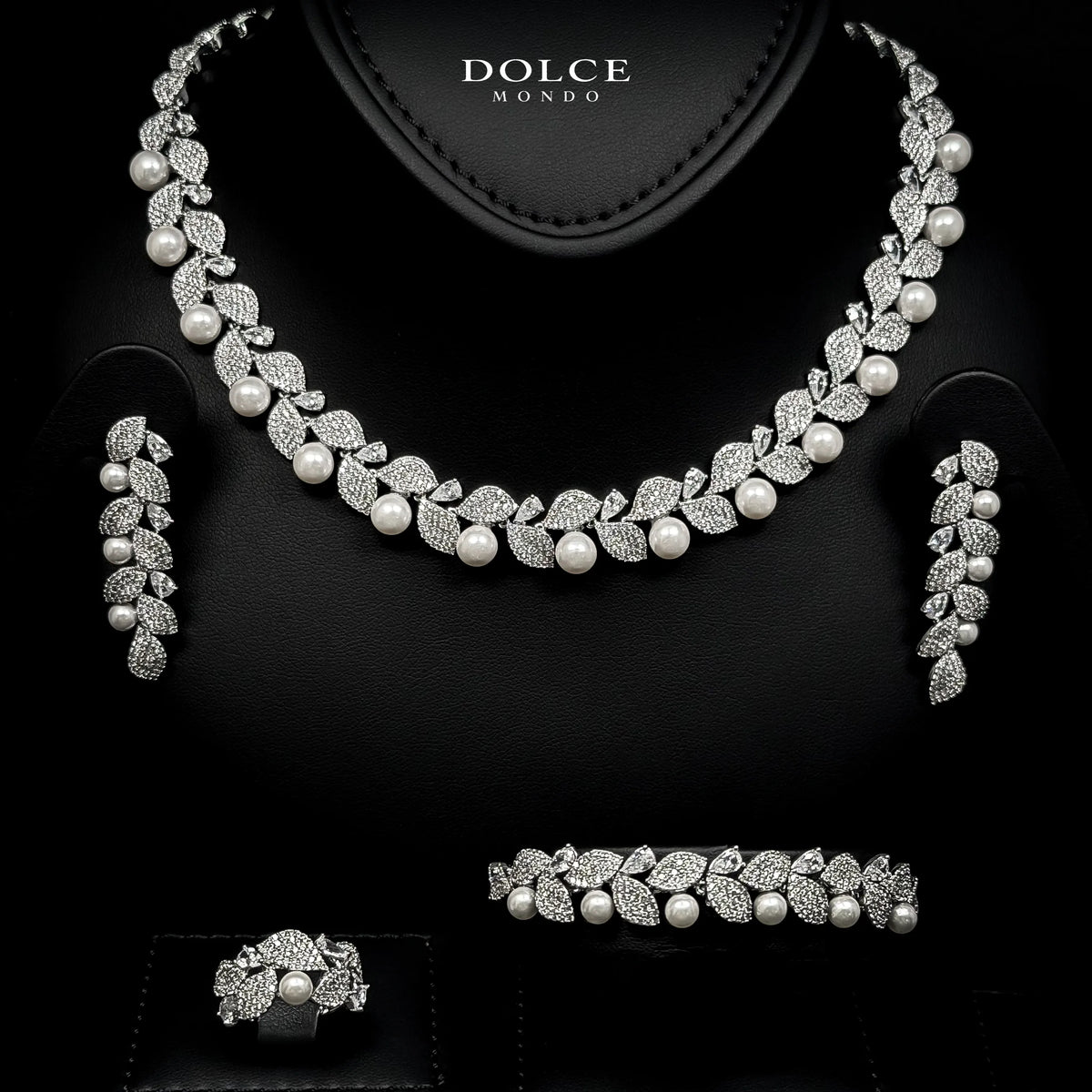 Bella Pearl White Luxury Bridal Full Set in High Quality Class Zircon Stone Rhodium Plated