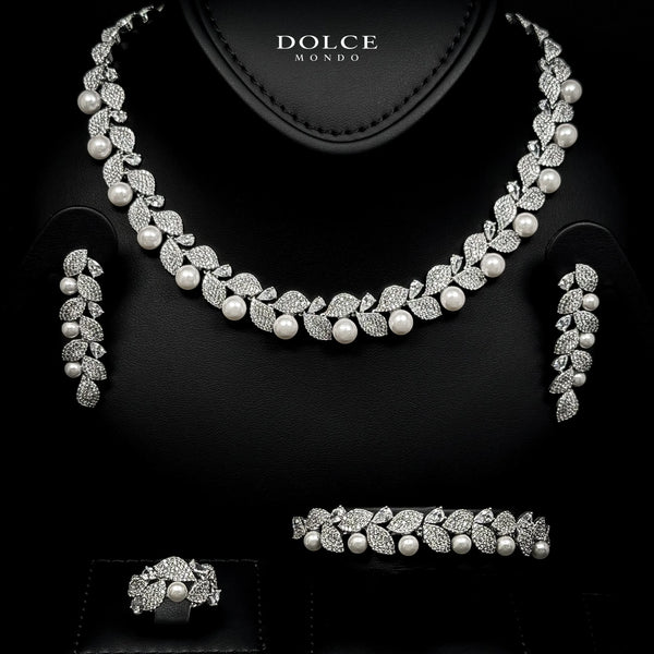 Bella Pearl White Luxury Bridal Full Set in High Quality Class Zircon Stone Rhodium Plated