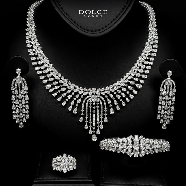 Amelia White Luxury Bridal Full Set in High Quality Class Zircon Stone Rhodium Plated