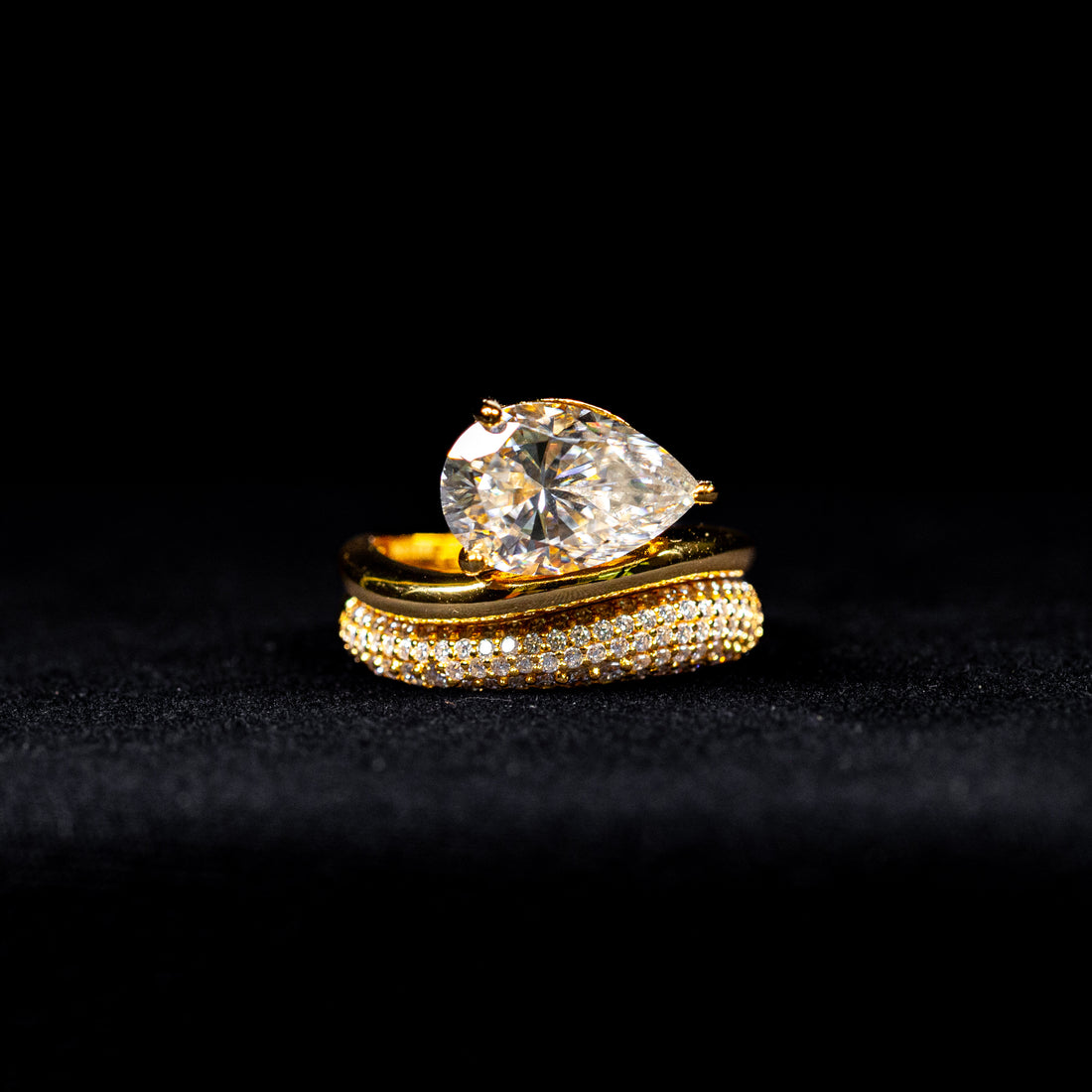 Pear Cut Dual Bridal Wedding Ring with Pavé Band GRA Certified Moissanite Ring in 18K Gold Plated 925 Sterling Silver – 3.48 Carat