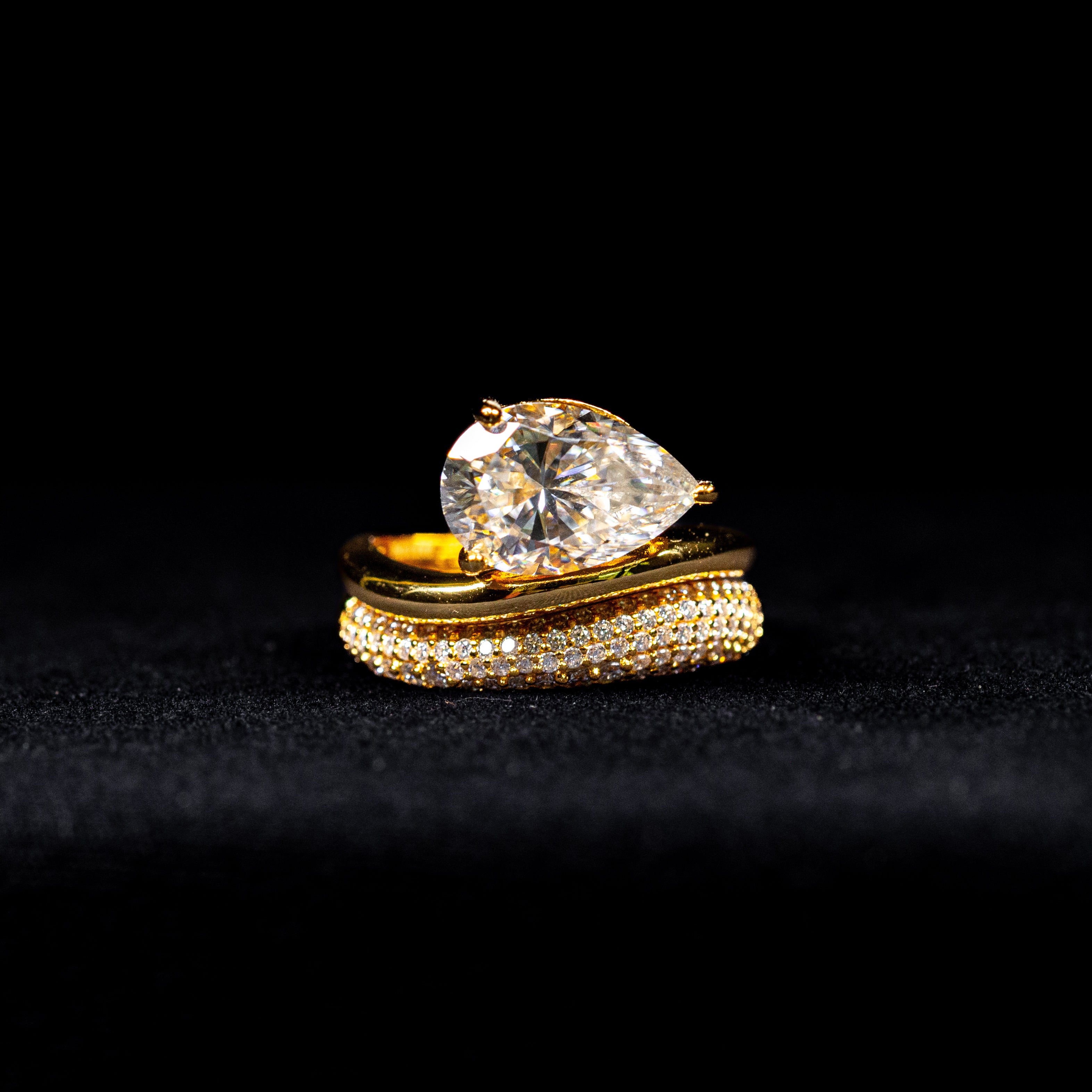 Pear Cut Dual Bridal Wedding Ring with Pavé Band GRA Certified Moissanite Ring in 18K Gold Plated 925 Sterling Silver – 3.48 Carat