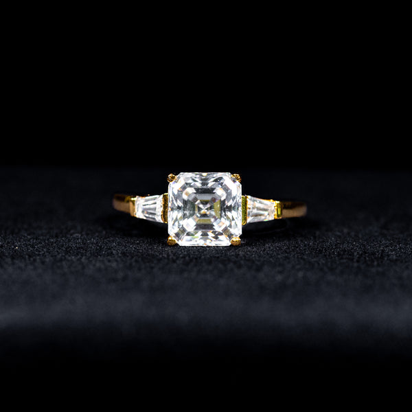 Asscher Cut Three Stone GRA Certified Moissanite Ring in 18K Gold Plated 925 Sterling Silver – 3.03 Carat